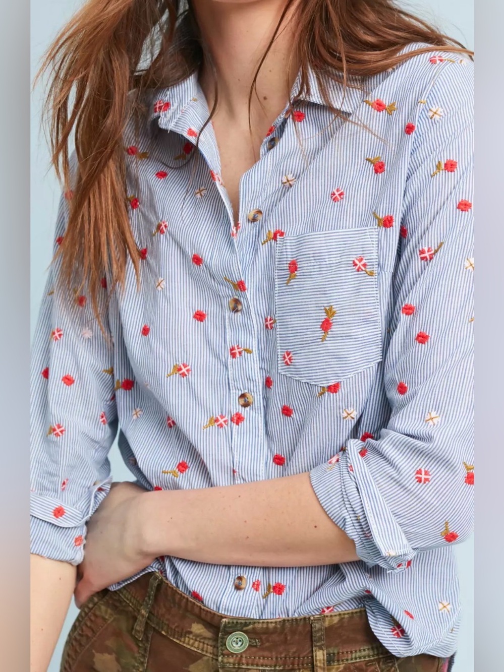 Maeve Anthropologie Blue White Striped Floral Embroidered Button Down Size 4